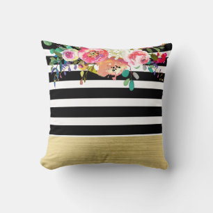 Coussin Noir Blanc Or Moderne Floral Glam Chic Luxe