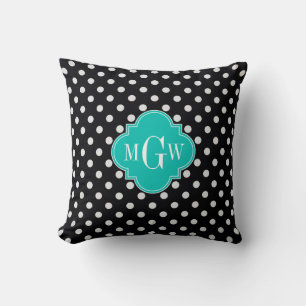 Coussin Noir Blanc Points Polka Turquoise Quatrefeuilles 3