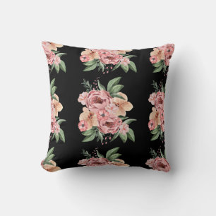 Coussin noir de jardin floral aquarelle rose