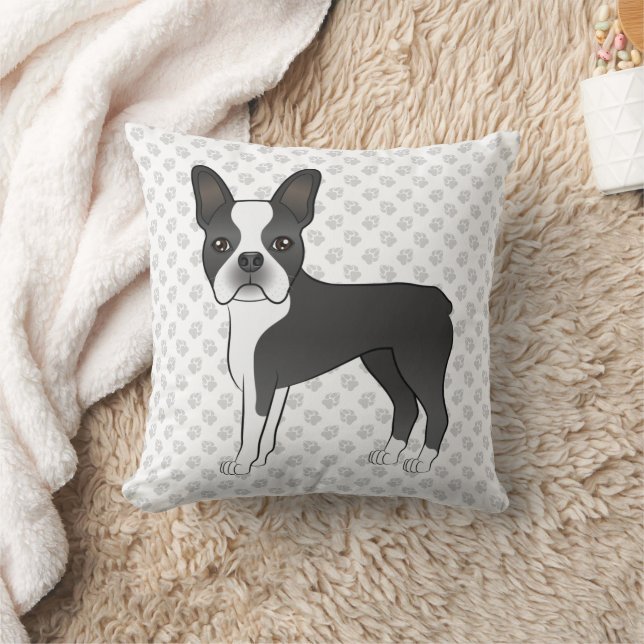 Coussin Noir Et Blanc Boston Terrier Cartoon Chien & Pâtes (Couverture)