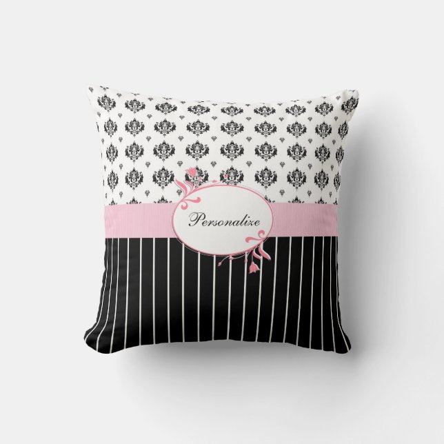 Coussin Noir Et Blanc Damas Chic Rose Floral Avec Nom (Recto)