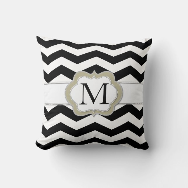 Coussin noir et blanc de monogramme de Chevron (Recto)