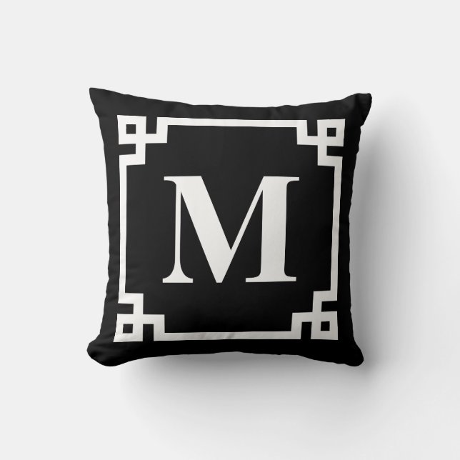 Coussin Noir et blanc Moderne Grèce Key Monogramme de bord (Recto)