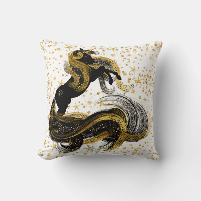 Coussin Noir et licorne d'or avec des étoiles d'or (Recto)