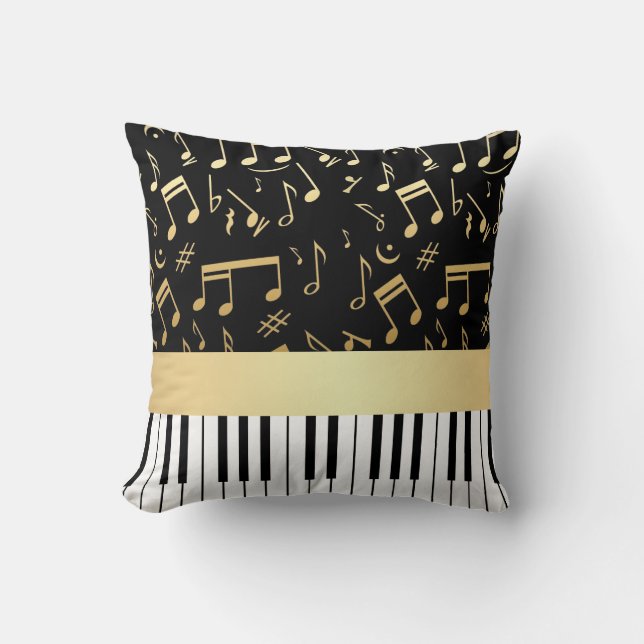 Coussin Noir et or de notes musicales et de clés de piano (Recto)