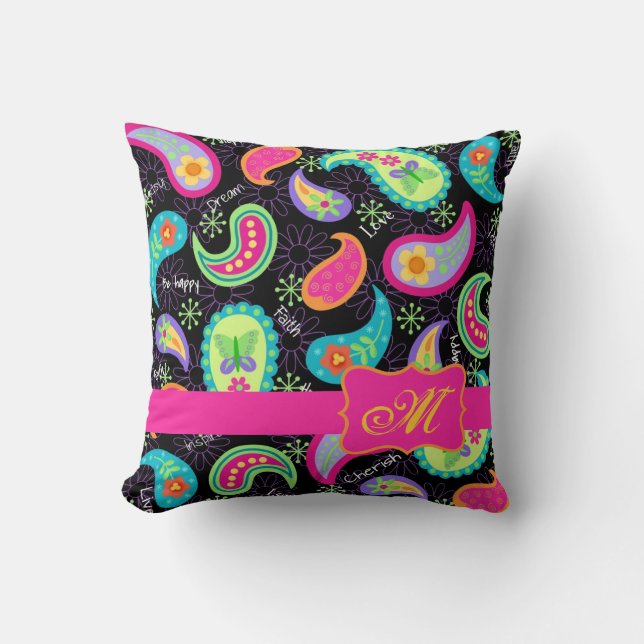 Coussin Noir Fuchsia rose moderne Paisson Monogramme (Recto)