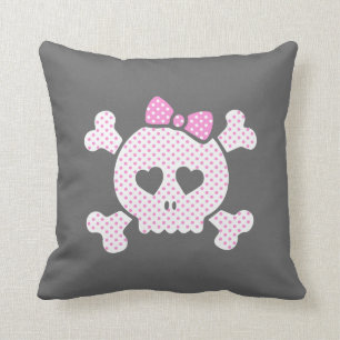 Coussin Noir Girly mignon de rose de crâne de point de