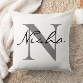 Coussin Noir Gris Nom de famille personnalisé Monogramme (Couverture)