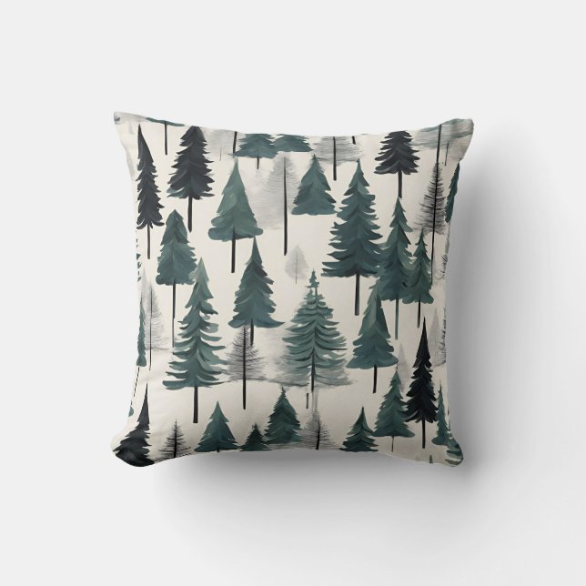 Coussin Noir gris vert rustique hiver Arbres de Noël (Recto)