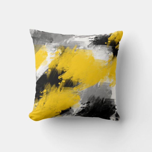 Coussin Noir Jaune Blanc Moderne Abstrait Brosses (Recto)
