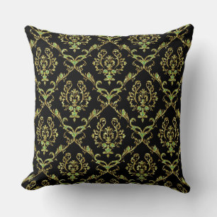 Coussin Noir, Or et Parties scintillant verte Damas floral