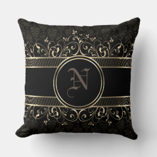 Coussin Noir & Or Ornate Gothique Monogramme