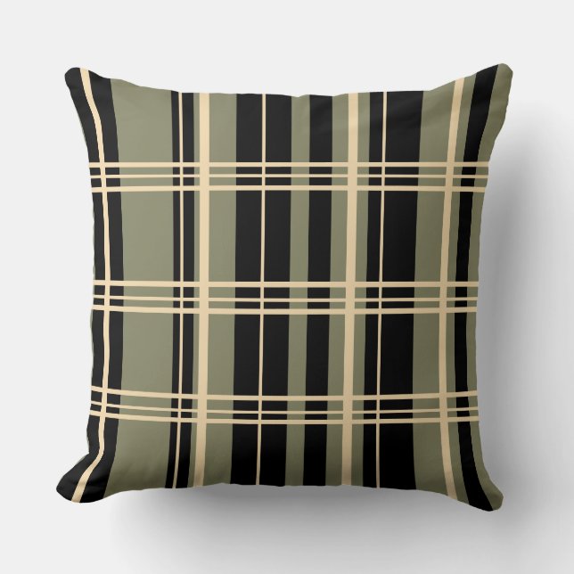 Coussin Noir Plaid Traditionnel, Crème Beurre, Vert Sage (Recto)
