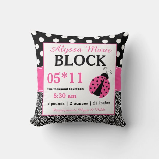 Coussin noir rose de faire-part de bébé de (Recto)