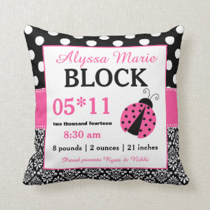 Coussin noir rose de faire-part de bébé de