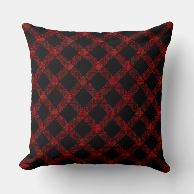 Coussin Noir rustique et rouge vif plaid avec lignes épais (Recto)