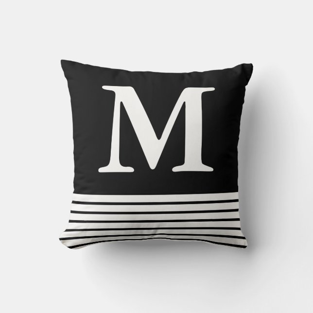 Coussin Noir solide avec bandes B/W Personnalisées Monogra (Recto)
