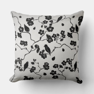 Coussin Noir sur les oiseaux Motifs en argent et fleurs de