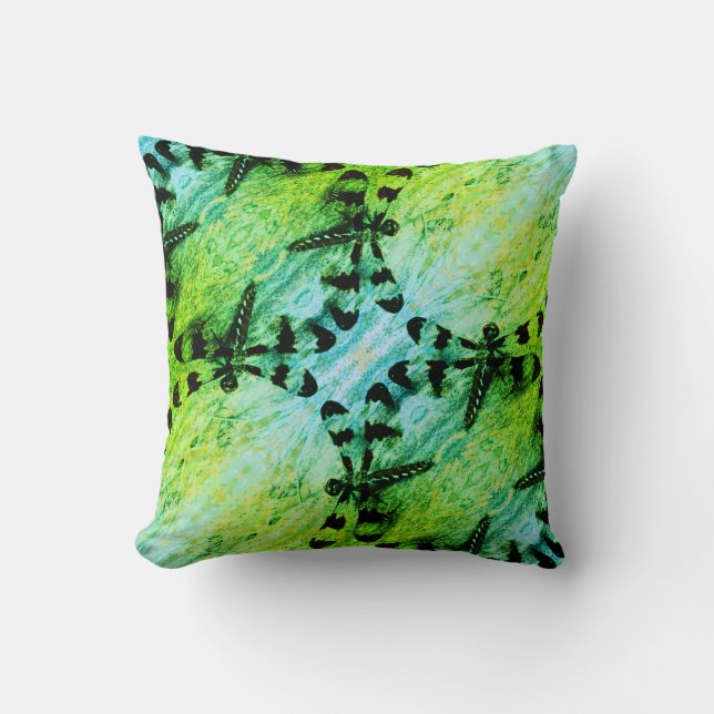 Coussin Noir, turquoise libellule bleue verte solide (Recto)