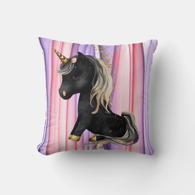 Coussin Noir Unicorne oreilles roses (Recto)