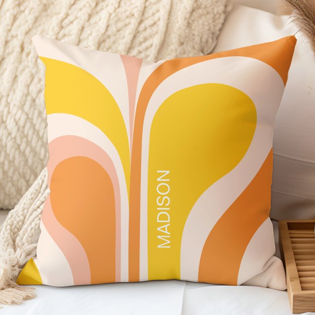 Coussin Nom Abstrait Rétro Groovy Abricot Orange Jaune (Créateur téléchargé)