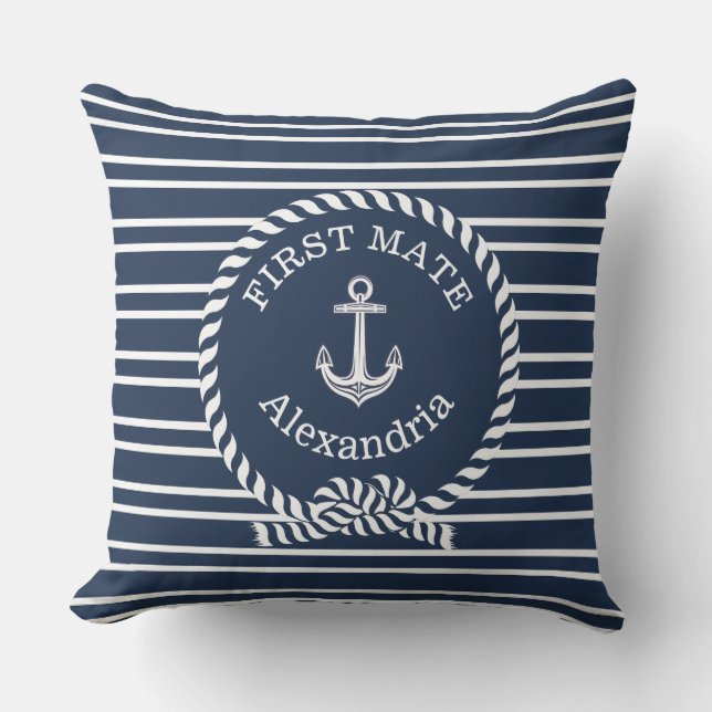 Coussin Nom Ancre Corde Marine Blue First Mate (Recto)