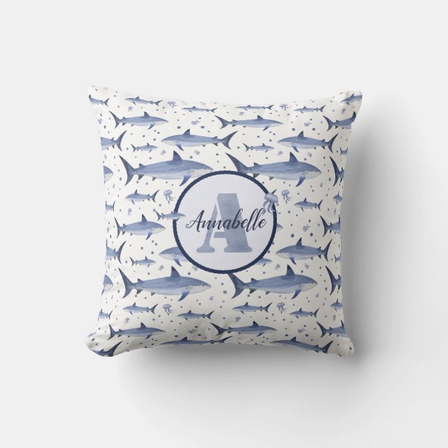 Coussin Nom + Aquarelle Monogram Requin Jellyfish | Blanc (Recto)