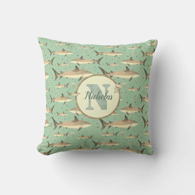 Coussin Nom + Aquarelle Monogramme Motif requin | Vert (Recto)