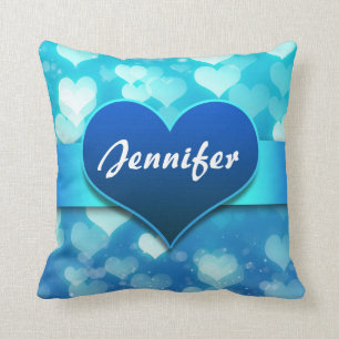 Coussin nom bleu de coeurs