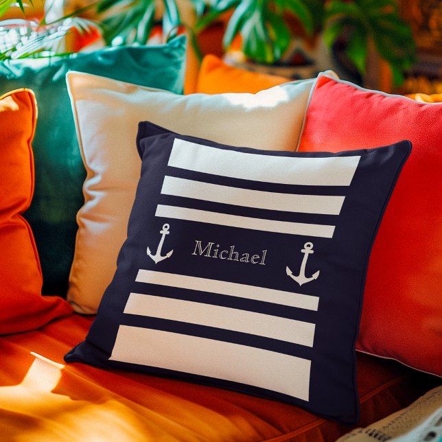 Coussin Nom d'ancre à rayures bleues et blanches nautiques (Créateur téléchargé)
