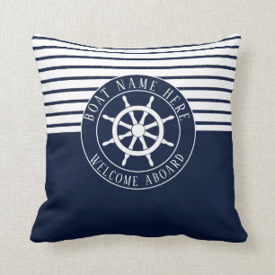 Coussin Nom de bateau bleu marine nautique navire barre ya