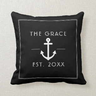 Coussin Nom de bateau classique moderne Noir nautique