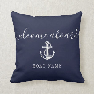 Coussin Nom de bateau d'ancre nautique bleu marine Bienven
