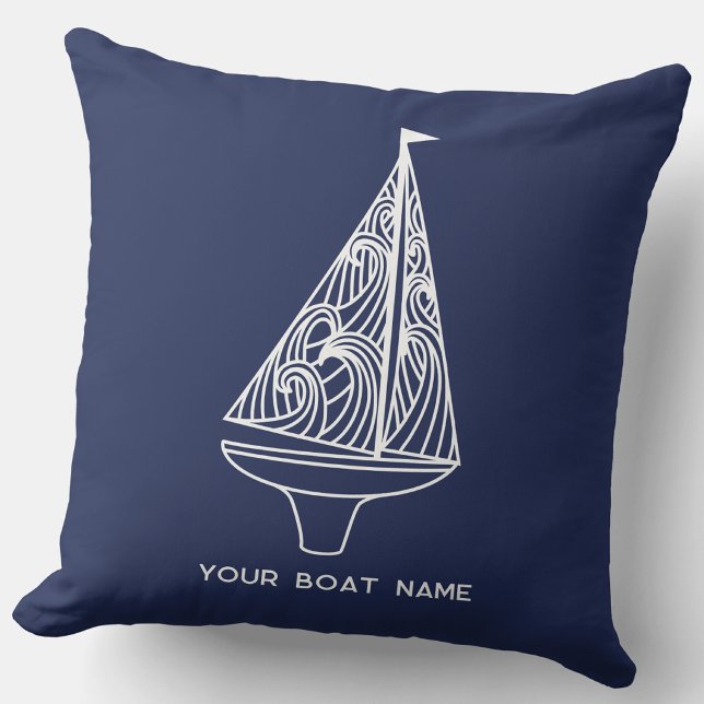 Coussin Nom de bateau de voile Bleu marine (Your boat name custom text sailing boat yacht navy blue outdoor throw pillow)