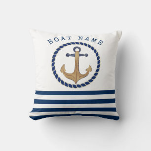 Coussin Nom de bateau nautique, ancre rétro bleu marine ra