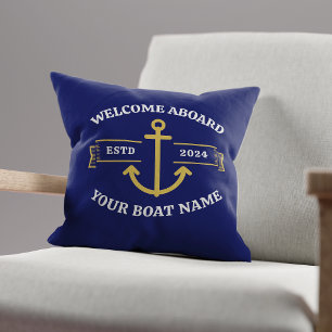 Coussin Nom de bateau personnalisé Bienvenue à bord Bleu m