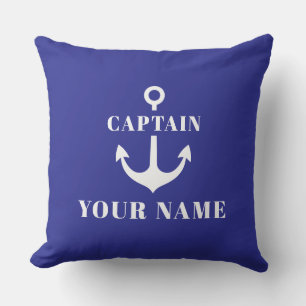 Coussin Nom de capitaine personnalisé Ancre Bleu Royal