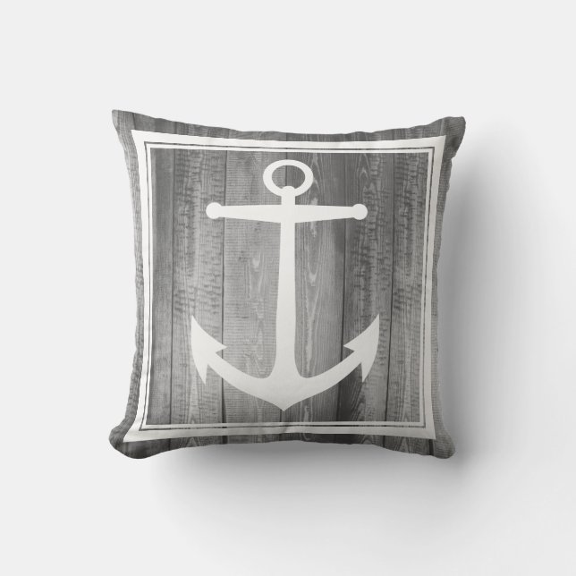 Coussin Nom de famille blanc du bois gris nautique d'Ancre (Recto)