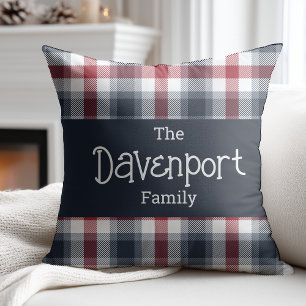 Coussin Nom de famille blanc et bleu Tartan