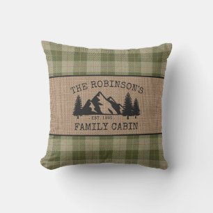 Coussin Nom de famille Cabine Arbres Sage Green Plaid Burl