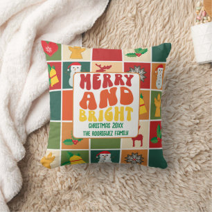 Coussin Nom de famille coloré rétro gras Noël vacances
