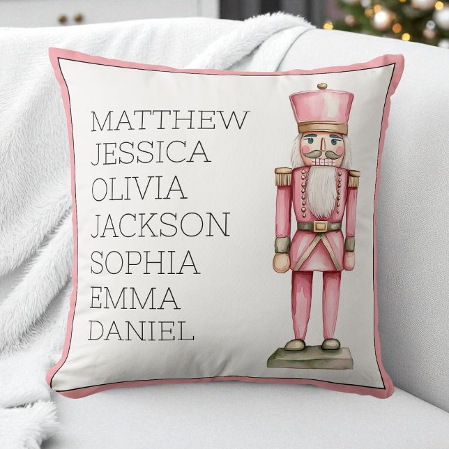 Coussin Nom de famille de Nutcracker couleur rose personna (Custom Pink Watercolor Nutcracker Family Name Throw Pillow)