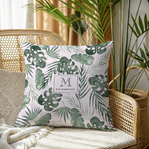 Coussin Nom de famille en monogramme avec motif de feuille