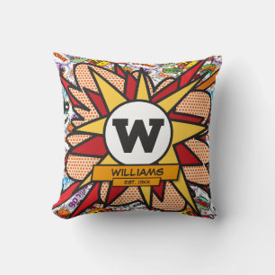 Coussin Nom de famille moderne amusant Monogramme Bande de