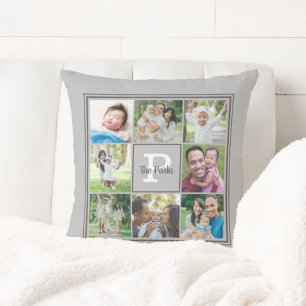 Coussin Nom de famille Monogramme 8 Photo Collage Gris