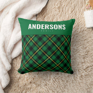 Coussin Nom de famille personnalisé Green Buffalo Plaid