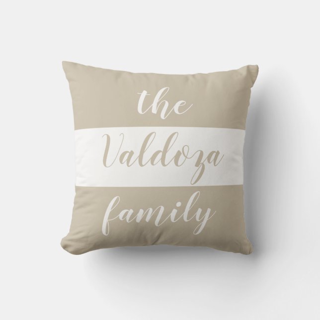 Coussin Nom de famille rayures beige et blanc Chic (Recto)