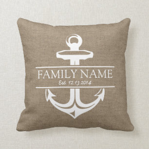 Coussin Nom de famille rustique de toile de jute d'Ancre