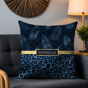 Coussin Nom de feuille tropicale léopard bleu personnalisé