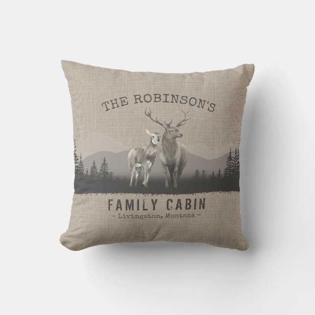 Coussin Nom de la famille Cabine Deer Pine Tree Forest Bur (Recto)